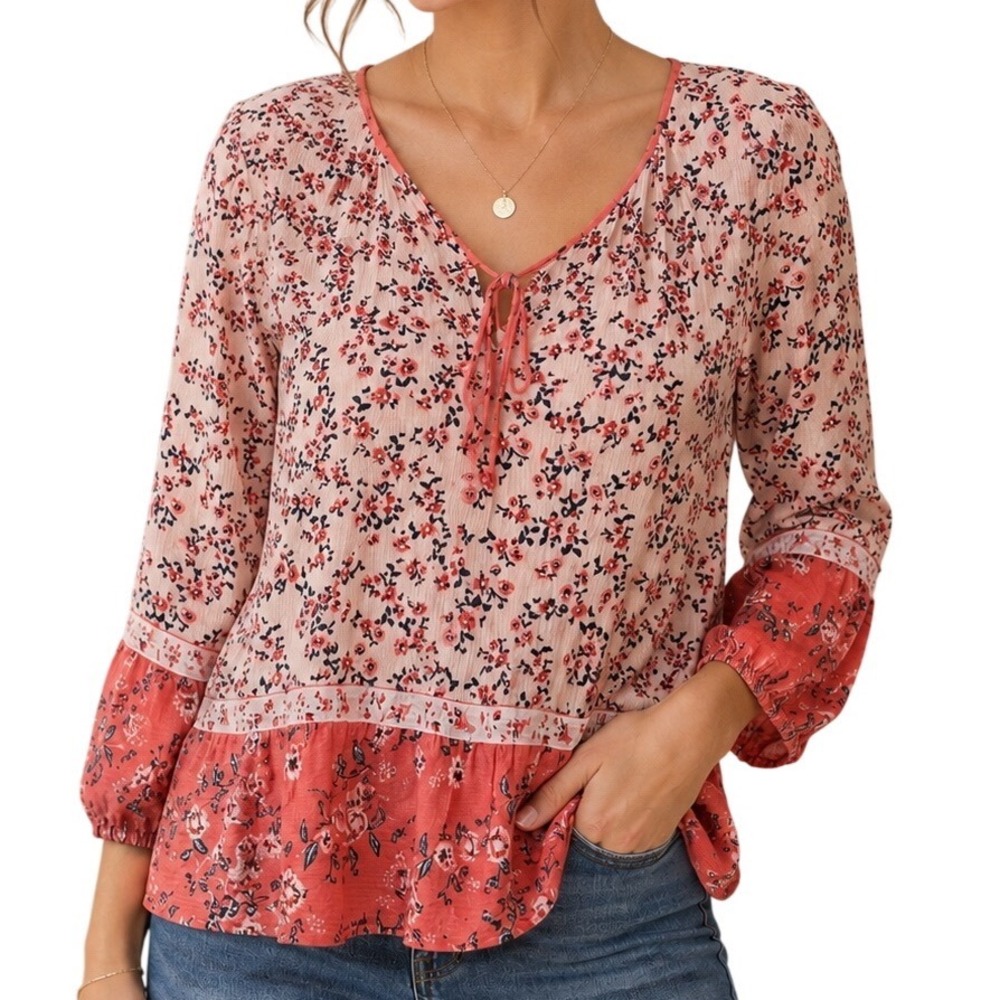 LOFT Beach Coral Floral Peplum Top Women XS Tie Neck 3/4 Sleeve Boho